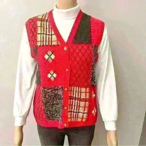 Grandma Boho Bohemians Button Down Crew  Neck Red Sweater Vest.